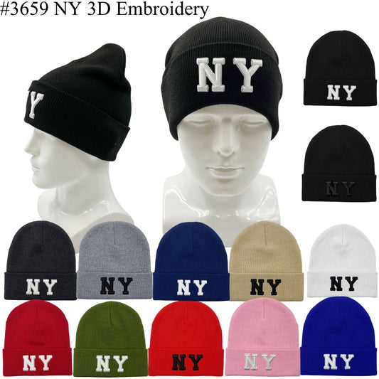 12-pack Wholesale Beanie Hat 3D NY Embroidery #3659