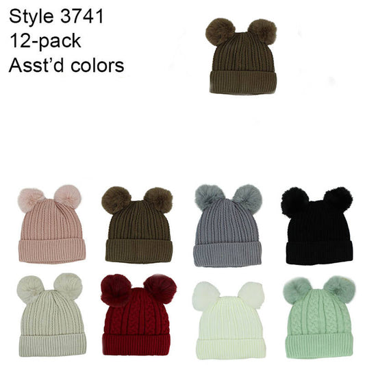 12-pack Wholesale Beanie Hat Winter Double Pompoms Knit Hat #3741