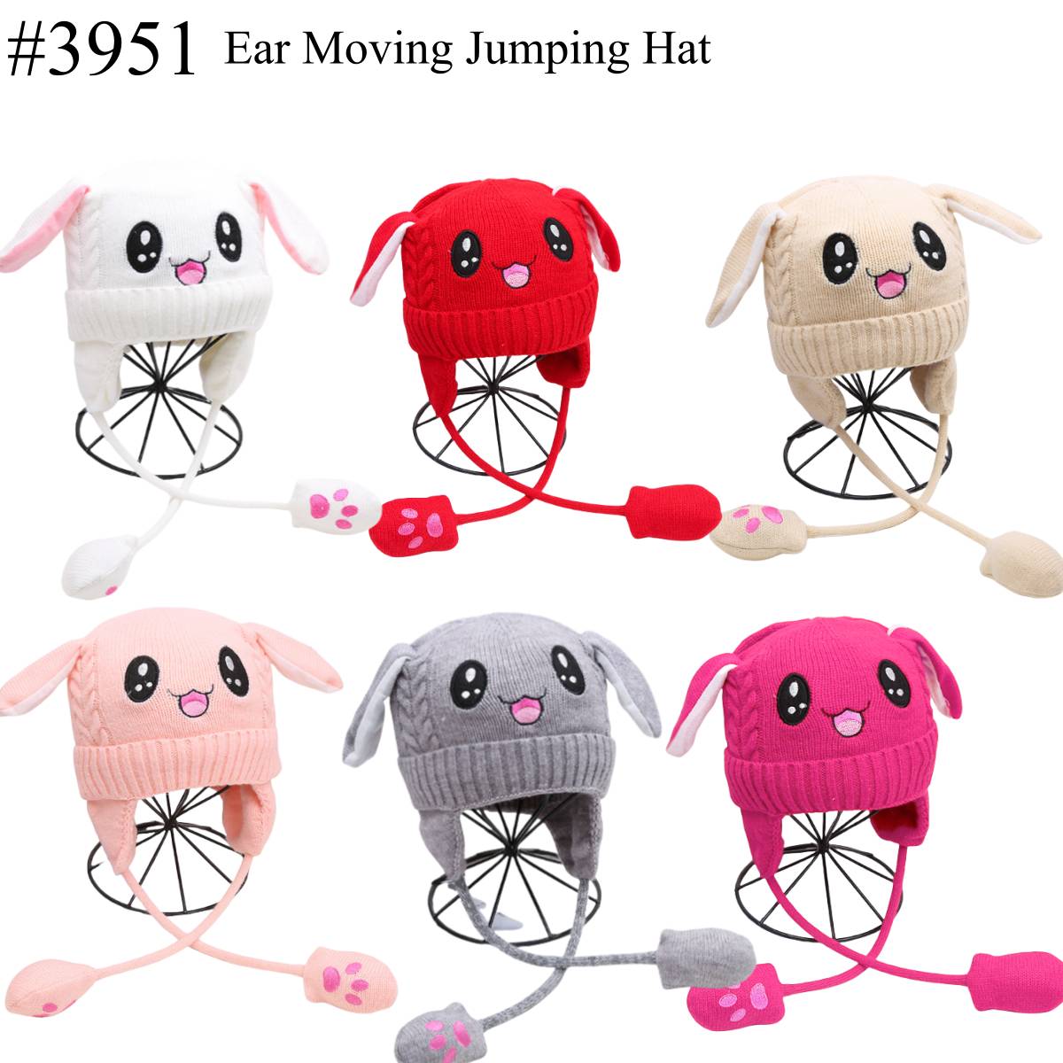 12-pack Wholesale Kid's Bunny Hat Hand/Ear Moving Jumping Hats #3951