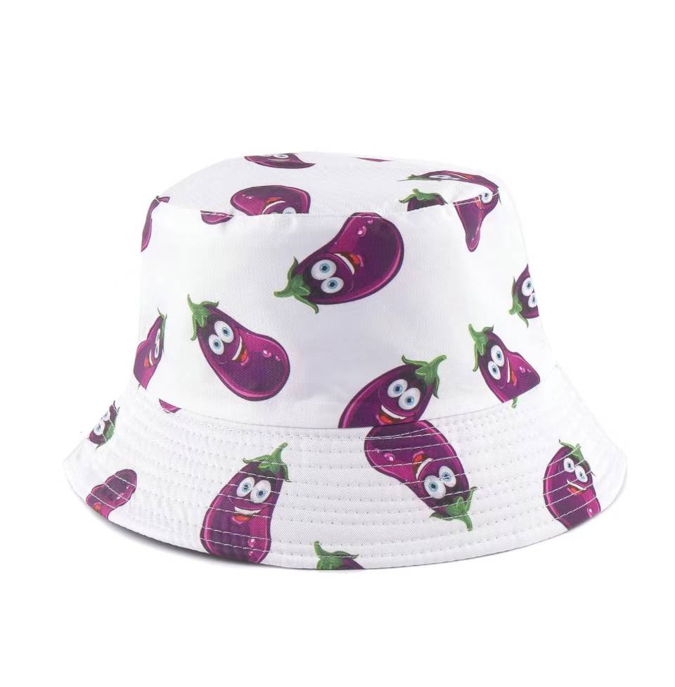 Reversible Eggplants Printed Bucket Hat- White