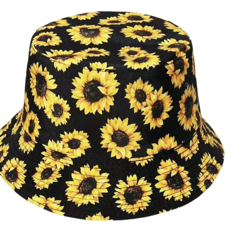 Reversible Sunflower Printed Bucket Hat- Black