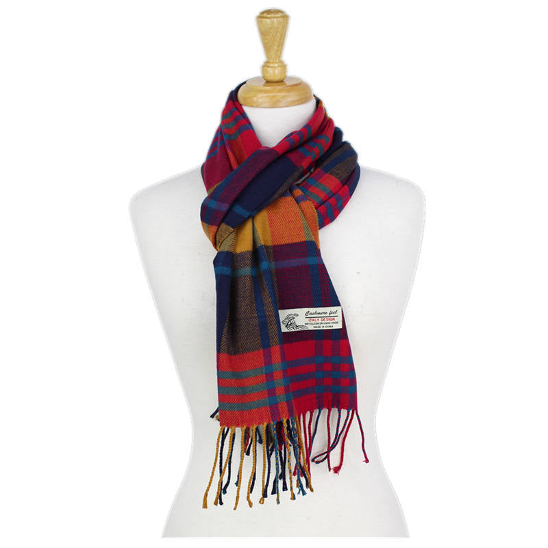 Plaid Cashmere Feel Scarf -Multi Navy/orange/coral CM39-1