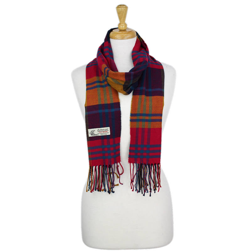 Plaid Cashmere Feel Scarf -Multi Navy/orange/coral CM39-1