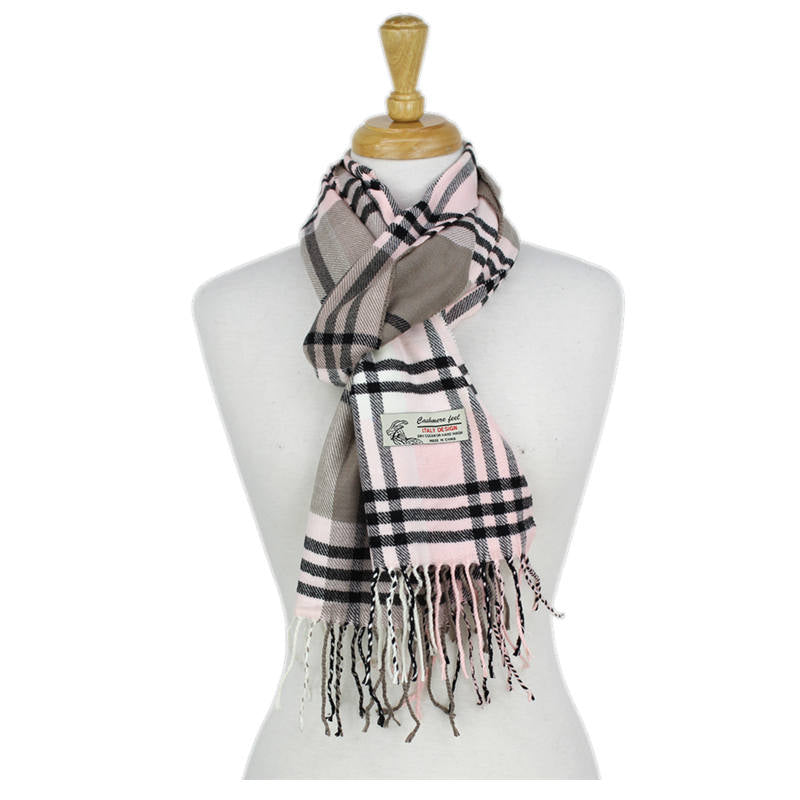 Plaid Cashmere Feel Scarf -Multi Taupe/white/pink CM39-5