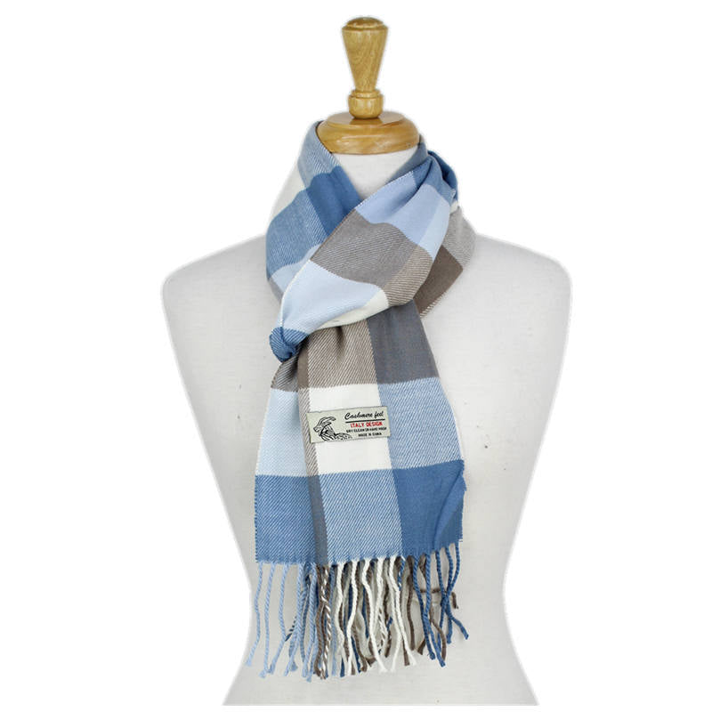 Checkers Cashmere Feel Scarf -Blue/white/tan CM40-2