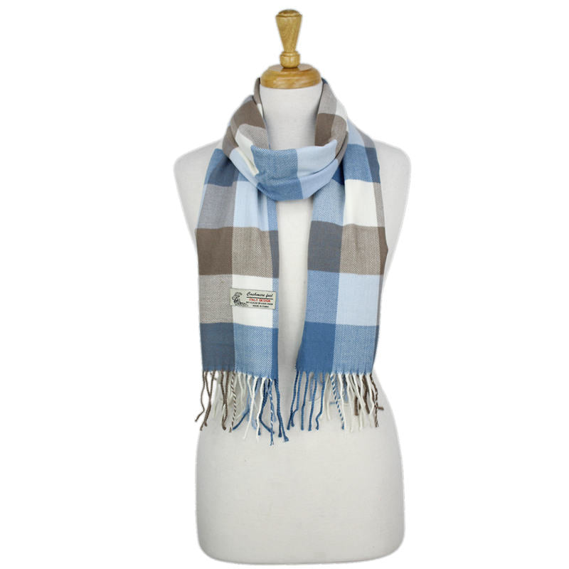 Checkers Cashmere Feel Scarf -Blue/white/tan CM40-2