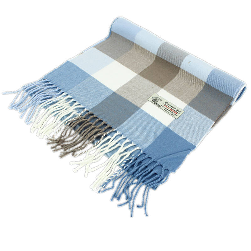 Checkers Cashmere Feel Scarf -Blue/white/tan CM40-2