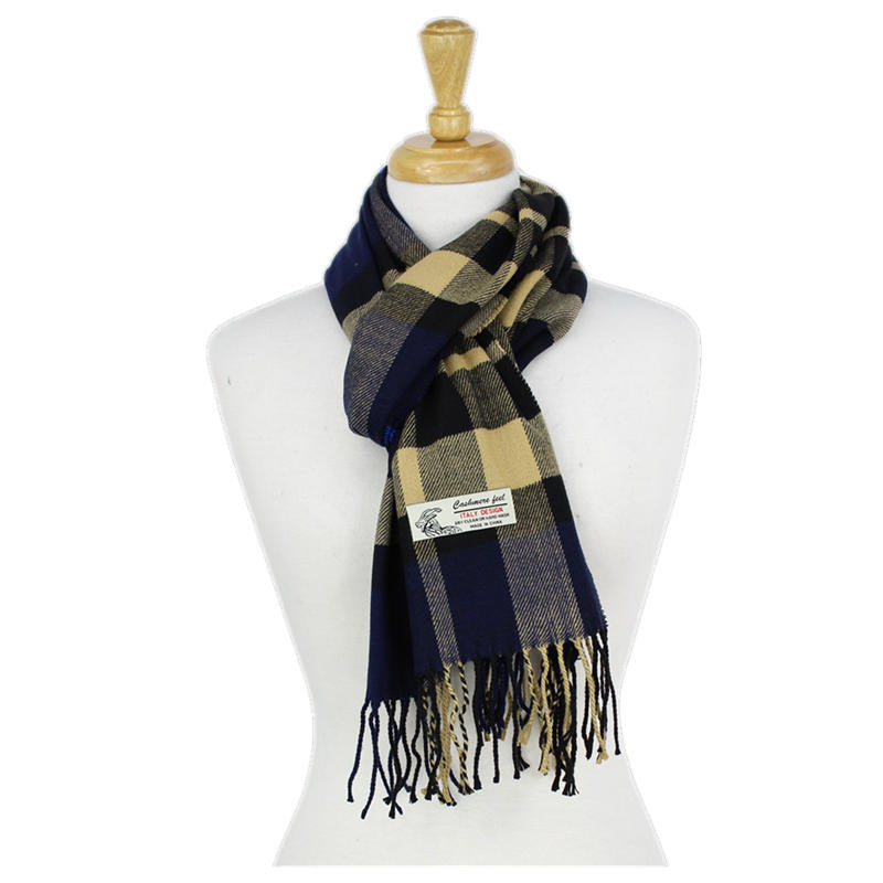 Plaid Cashmere Feel Scarf -Navy/camel CM52-2