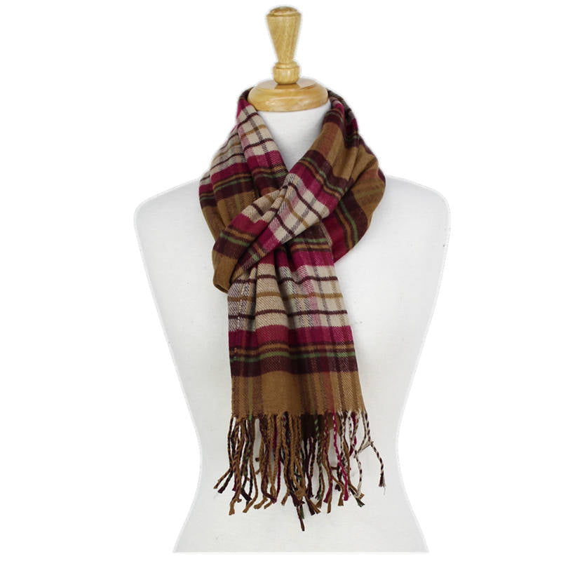 Plaid Cashmere Feel Scarf -Brown/burgundy CM56