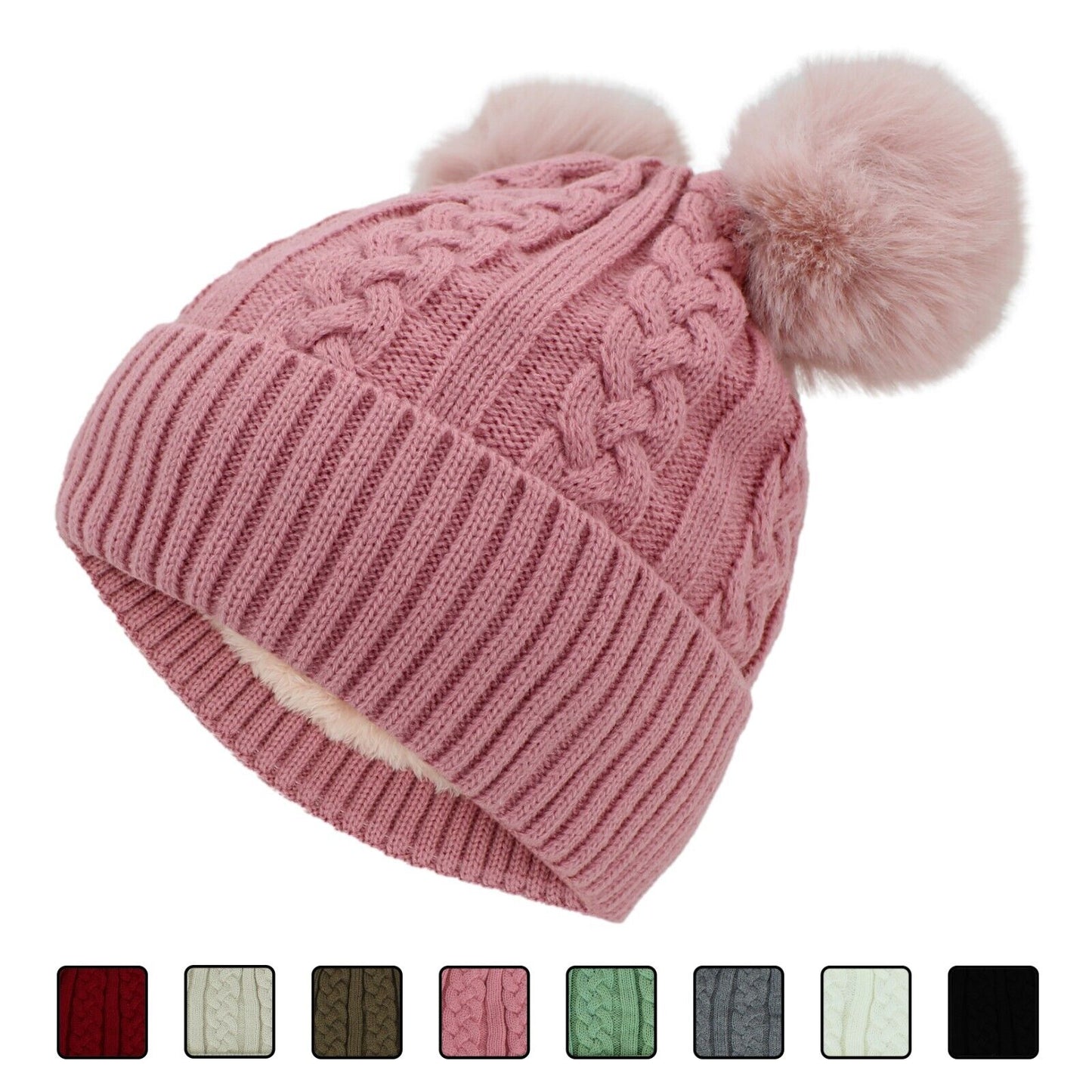 Women Beanies with Double PomPom, Winter Hats, Cold Weather Warm Knit 3742