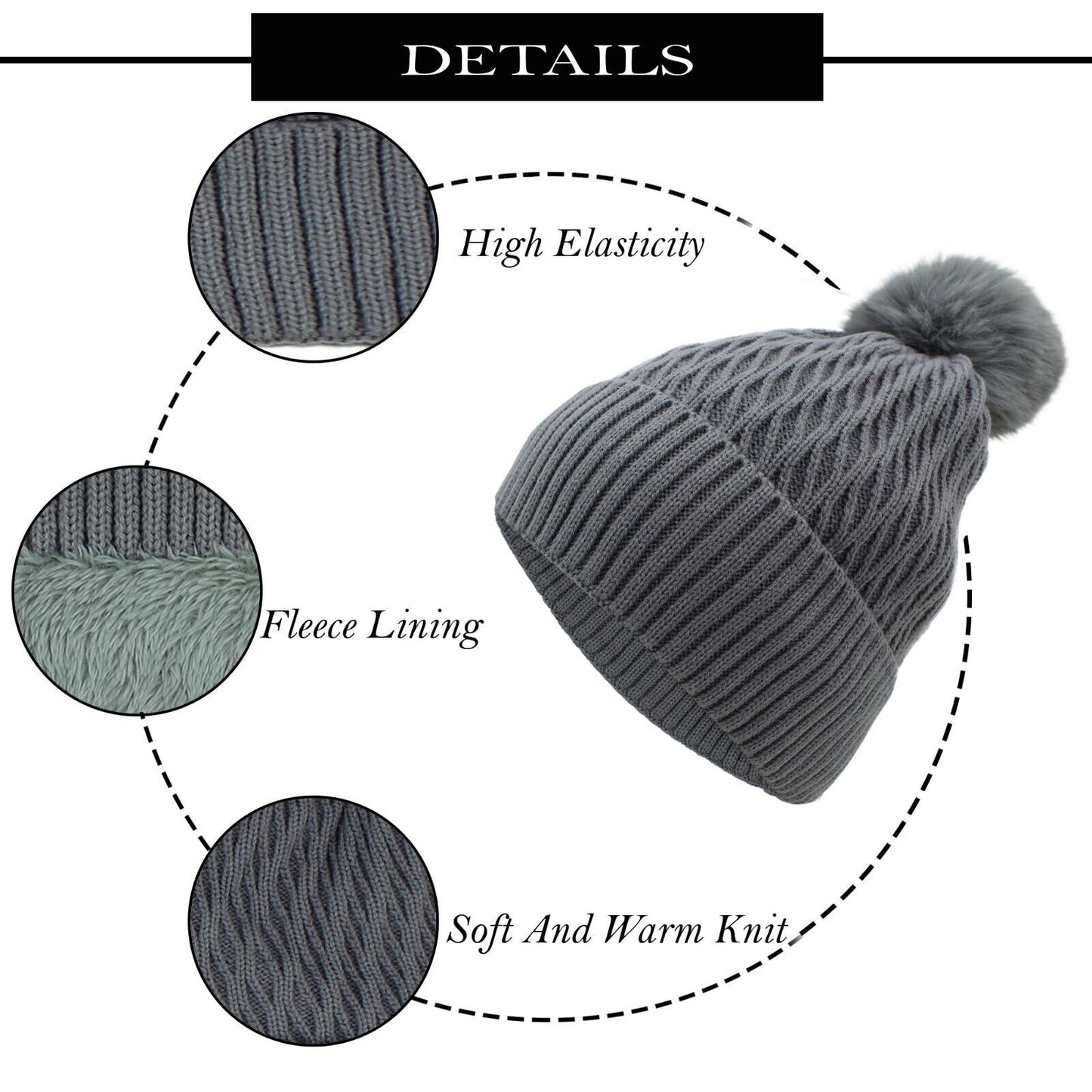 Women PomPom Beanies Hat, Winter Hats, Cold Weather Warm Knit 3736