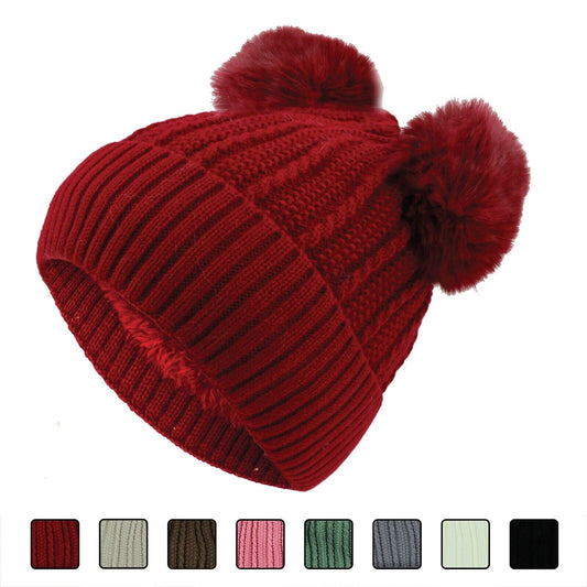 Women Beanies with Double PomPom, Winter Hats, Cold Weather Warm Knit 3741