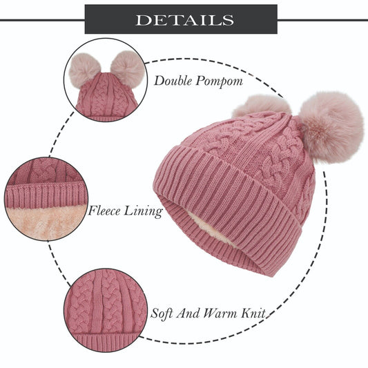 Women Beanies with Double PomPom, Winter Hats, Cold Weather Warm Knit 3742